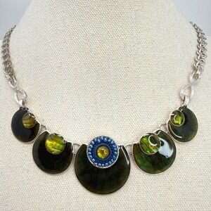 Liz Claiborne Bib Necklace Green Iridescent Crescent Pendants Silver Tone